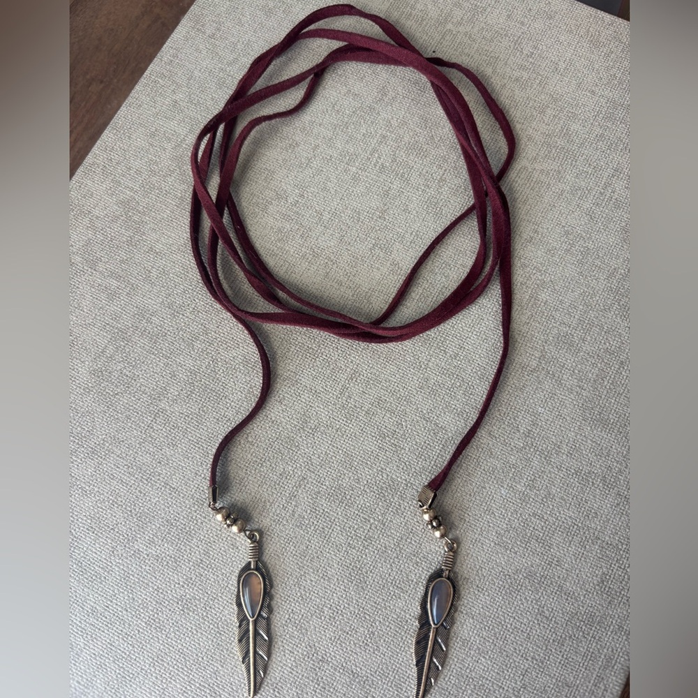 Burgundy Choker Necklace with Feather Design at End
